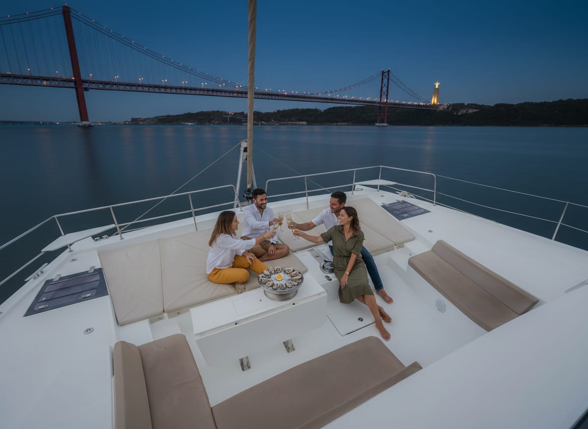 Brinde com ostras e espumante a bordo de um catamarã (catamaran) no rio Tejo, com a Ponte 25 de Abril ao anoitecer — Lisboa