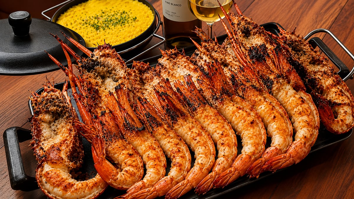 Grelhados de marisco preparados por chef a bordo do catamarã, no rio Tejo, Lisboa