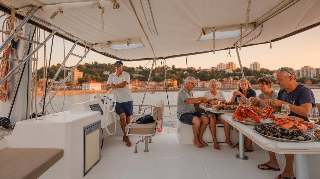 Grupo a saborear uma mariscada a bordo de um catamarã (catamaran) no Tejo, entre Lisboa e Cascais
