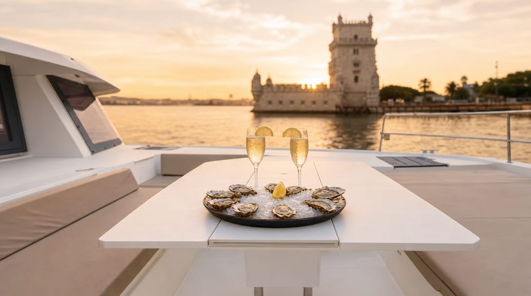 Oysters and sparkling wine (or champagne) on a boat in Lisbon
