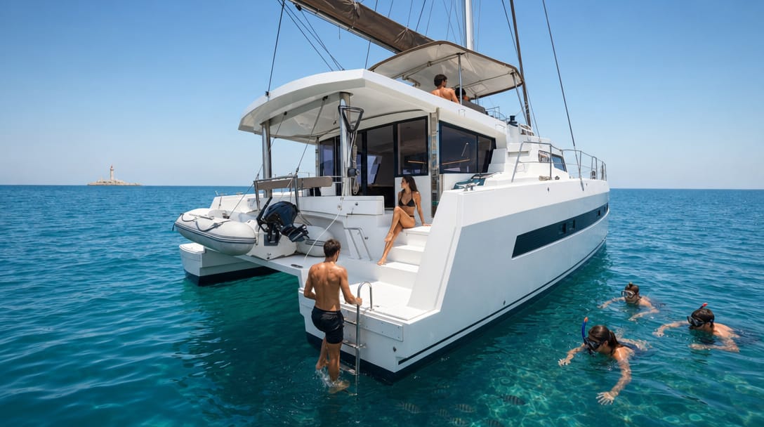 Paragem para banho e snorkeling junto ao catamarã, na costa entre Lisboa e Cascais