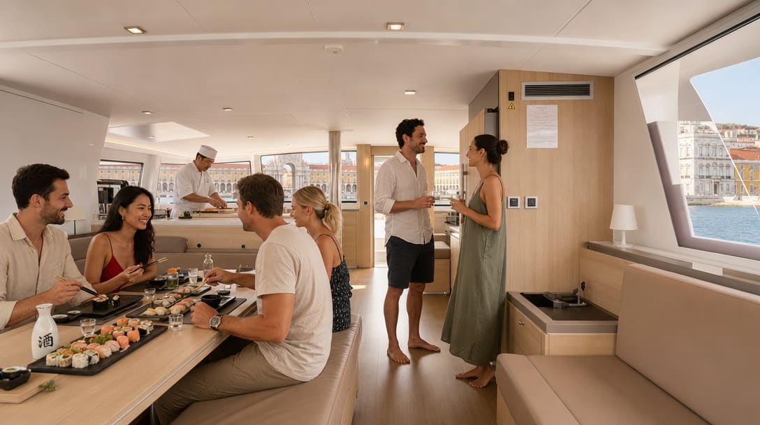 Sushi auf dem Boot in Lissabon: Sushi und Sushi Man auf dem Katamaran