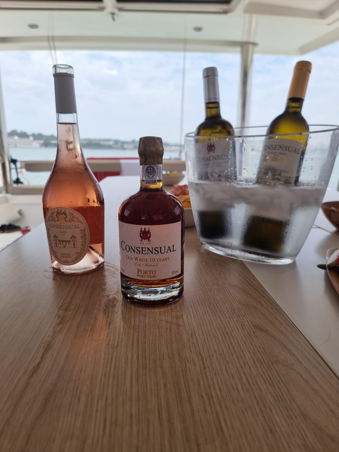 Consensual-Weine an Bord des Katamarans: Douro-Roséwein, Portwein Old White 10 Years und gekühlte Weißweine, mit Lissabon im Hintergrund